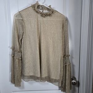 Est 1947 gold Metallic Sparkle Blouse Ribbed Stretchy Lined Shirt Size M